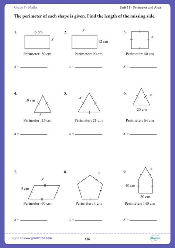 Free Grade 7 Area & Perimeter Worksheets with Answers PDF
