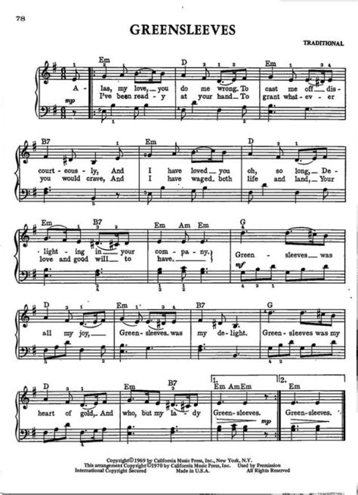 Greensleeves Sheet Music with Voice Accompaniment PDF Download