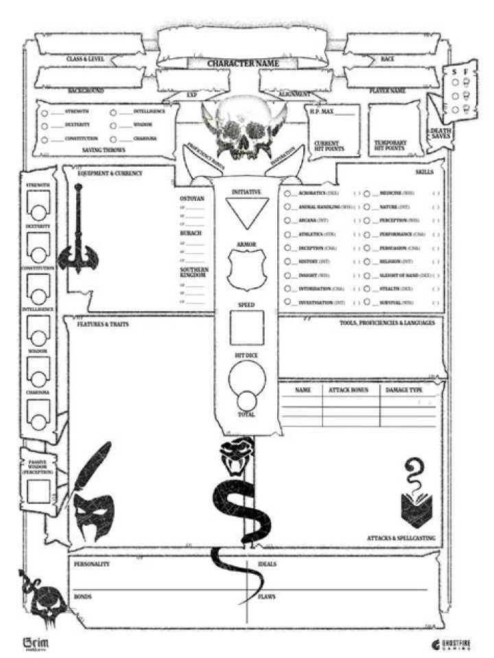 Grim Hollow Character Sheet PDF – Detailed Fantasy RPG Template