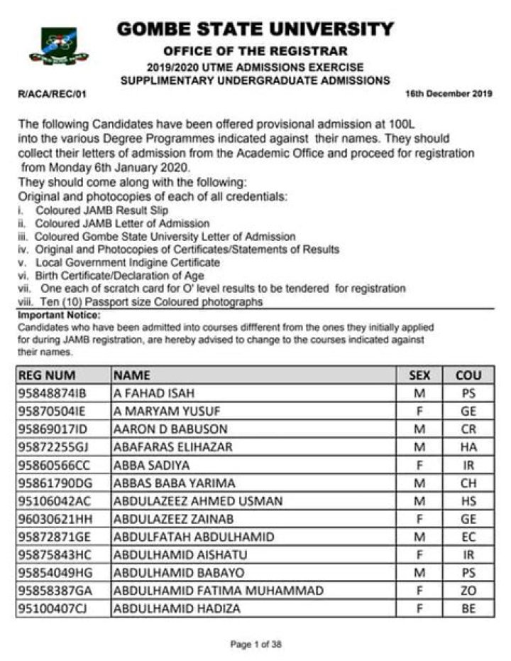 GSU Supplementary Admission List PDF for Fall 2026 Applicants