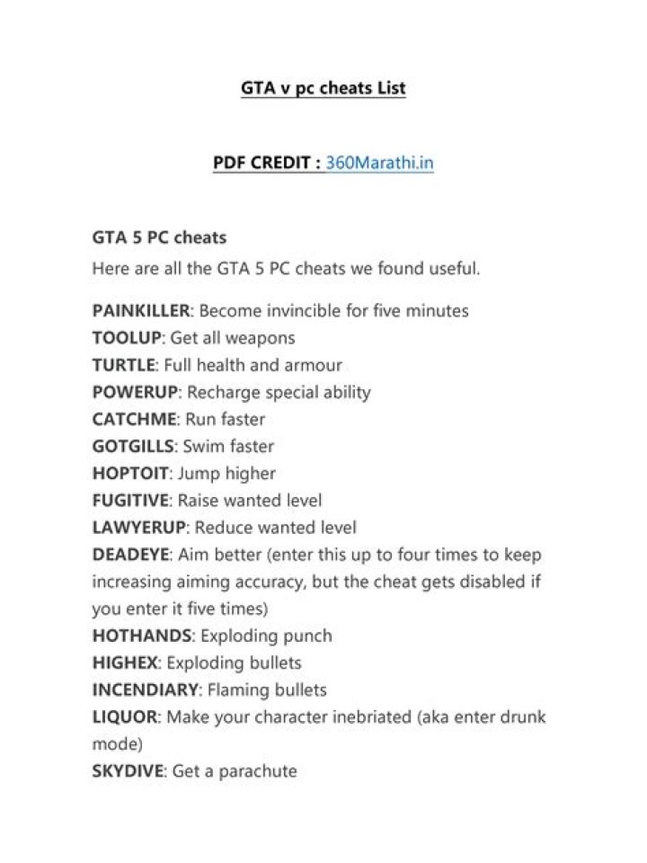 GTA 5 Cheats PC Full List PDF - Complete Cheat Codes & Tools