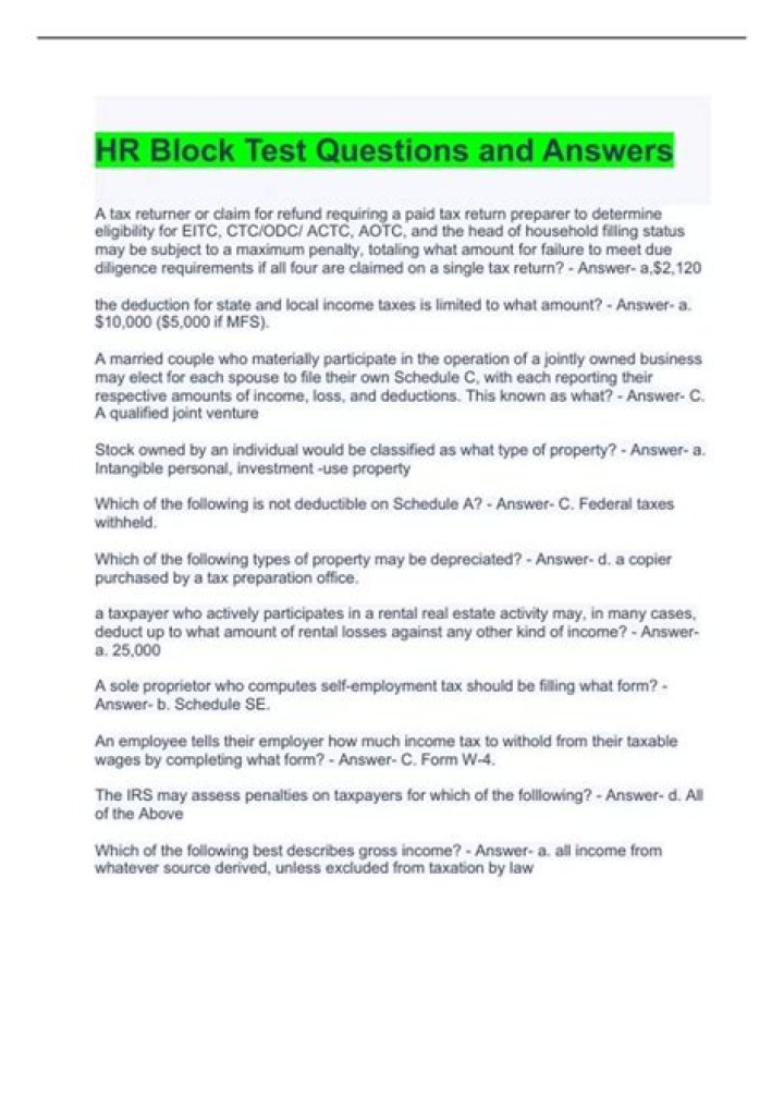 HR Block Tax Knowledge Assessment Test Answers PDF: Complete Study Guide