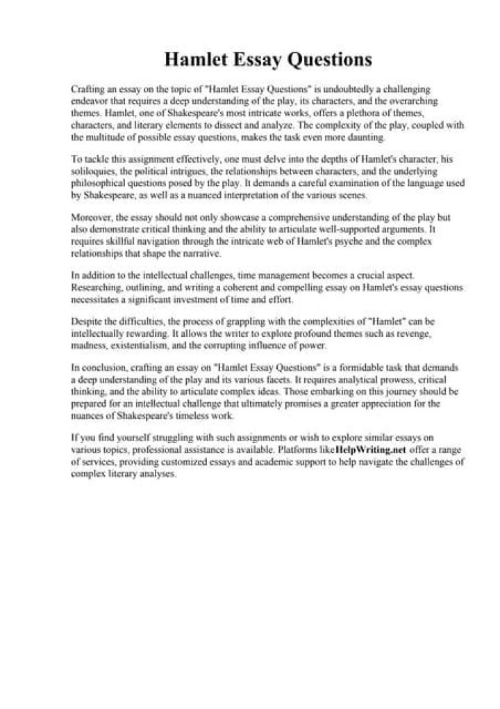 Hamlet Essay Questions PDF: Analyze Tragedy, Characters, and Themes
