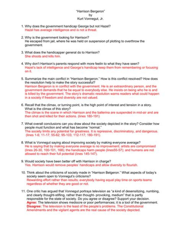 Harrison Bergeron: Full Questions and Answers PDF
