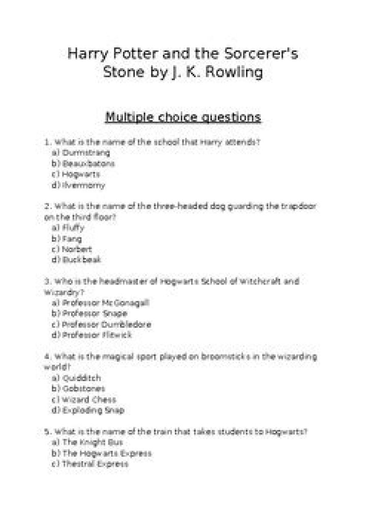 Harry Potter and the Sorcerer's Stone Comprehension Questions PDF