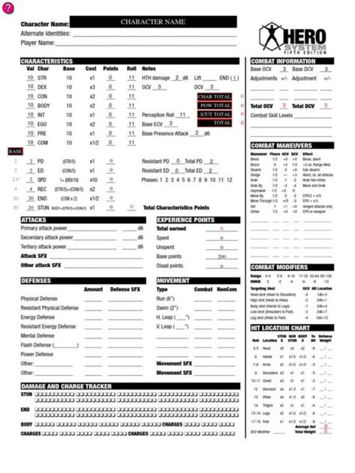 Hero System 5th Edition Character Sheet PDF – Print & Play