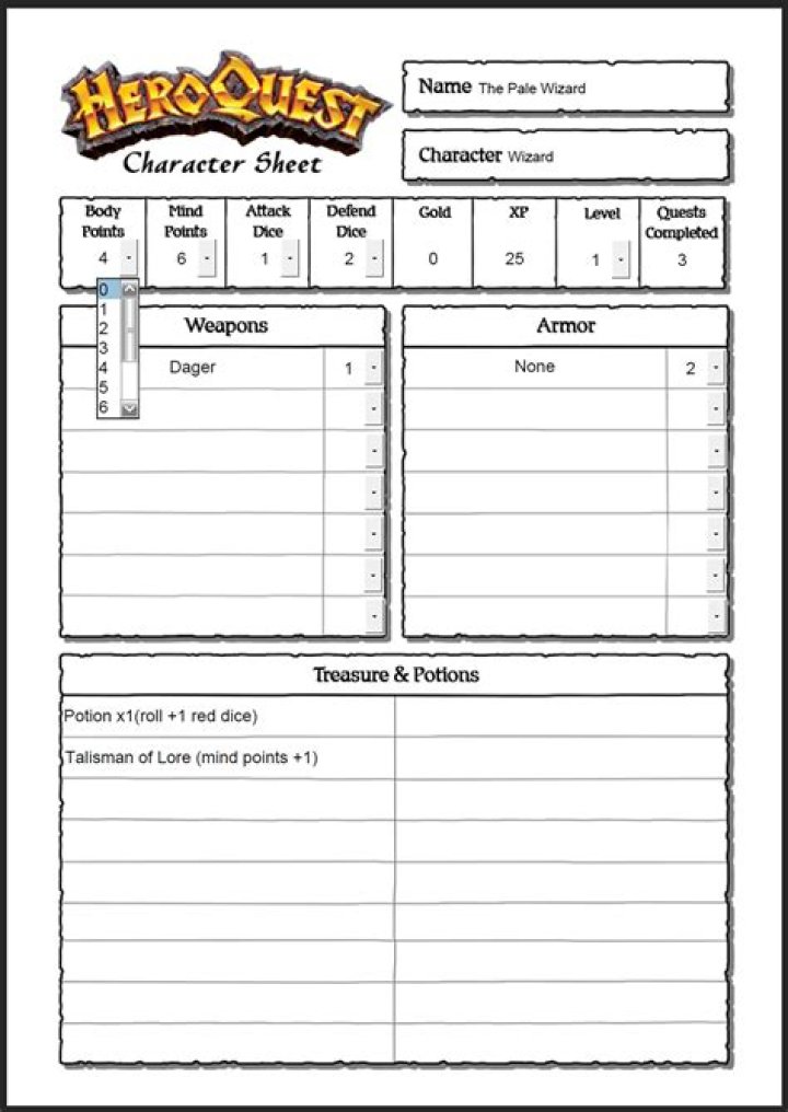 Download HeroQuest Character Sheet PDF for Custom Gameplay