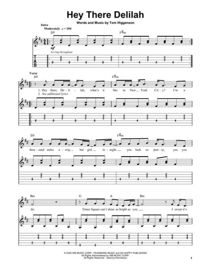 Hey There Delilah: Free Guitar Sheet Music PDF Download