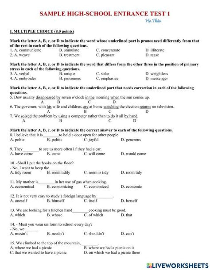 High School Entrance Exam Practice Test PDF – Instant Download