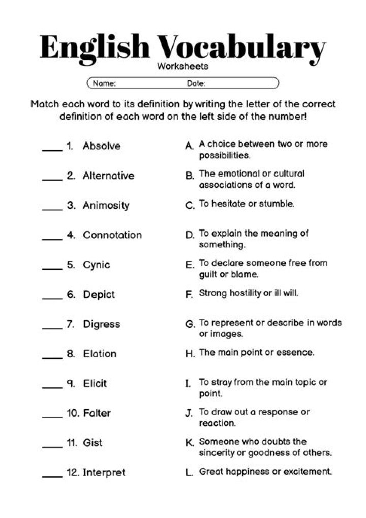 High School Vocabulary Worksheets PDF – Download Free Printable PDFs