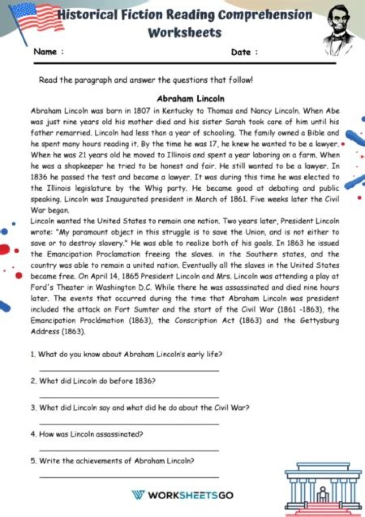 Historical Fiction Reading Comprehension Worksheets PDF for Middle School