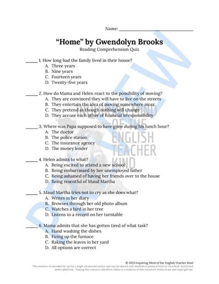 Home by Gwendolyn Brooks: PDF Answer Key & Analysis
