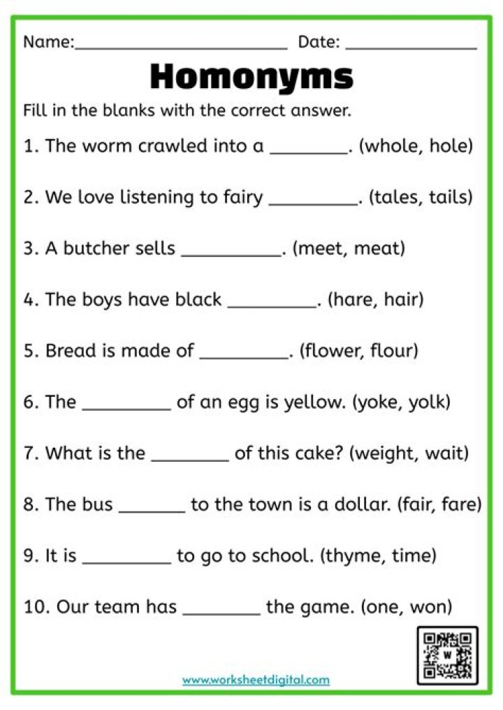 Free Homonyms Worksheets PDF for Easy Learning