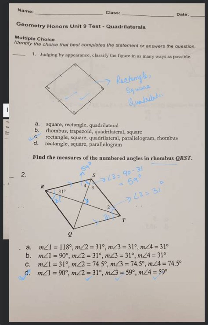 Honors Geometry Quadrilaterals Test PDF – Download Ready