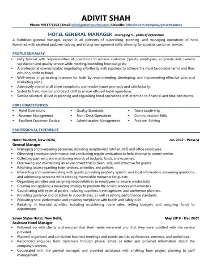 Hotel General Manager Resume Sample PDF Template