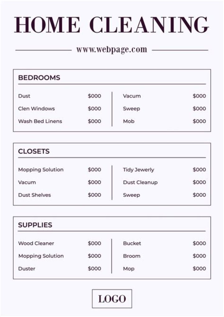 Affordable Housekeeping House Cleaning Price List PDF