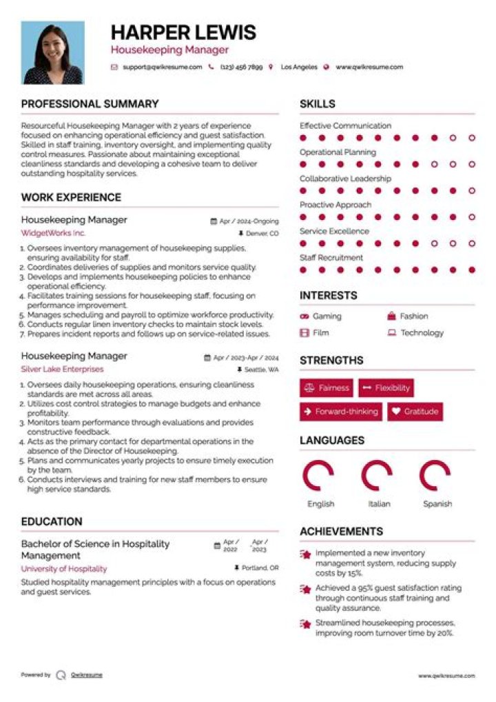 Housekeeping Manager Resume PDF: Professional Template for Leadership Roles
