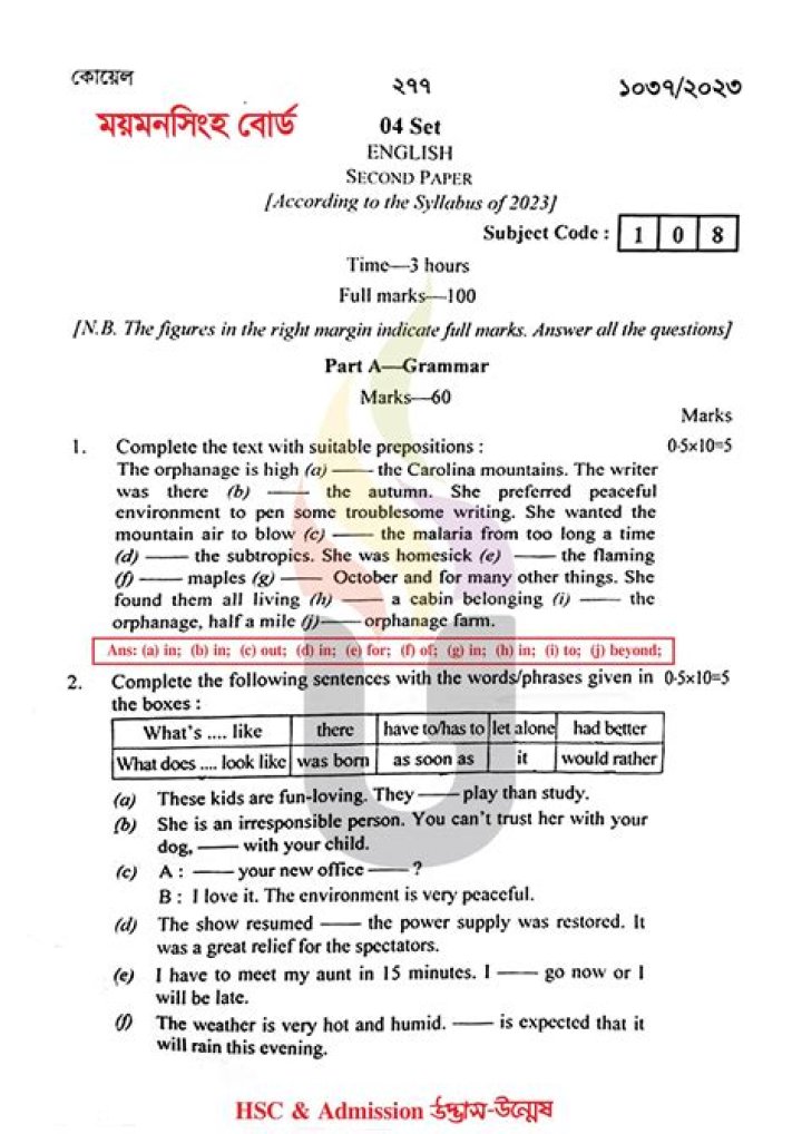 HSC English Question Paper 2016 PDF Download for Free