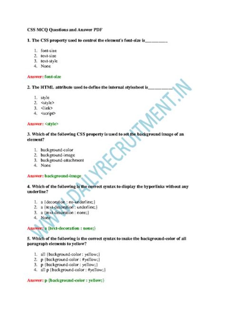 HTML and CSS MCQs with Answers PDF – Master Web Basics