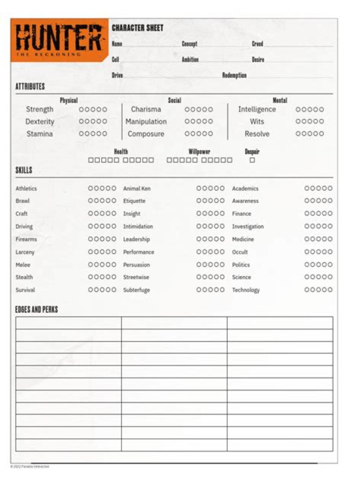 Hunter the Reckoning Character Sheet PDF – Complete Game Guide