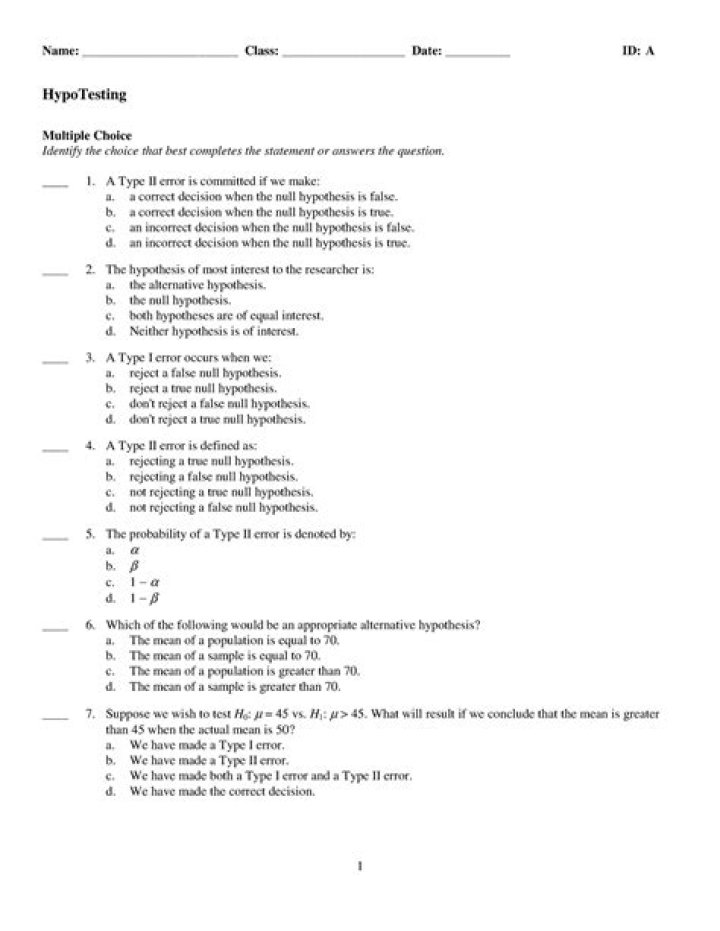 Hypothesis Testing Questions & Answers PDF: Test Your Knowledge