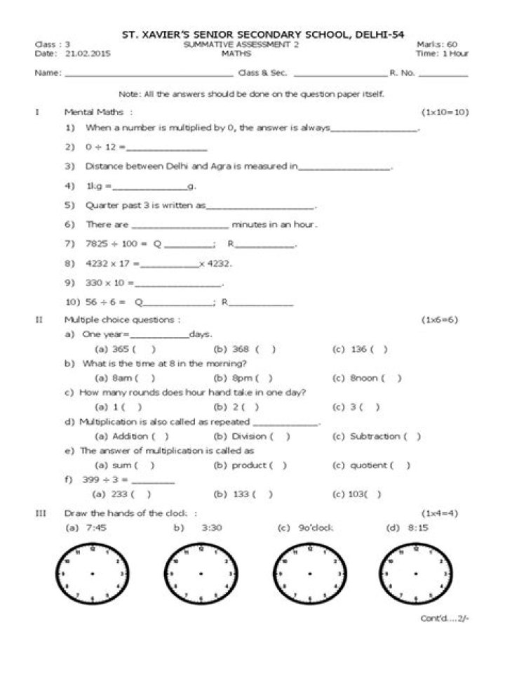 ICSE Class 3 Maths Question Paper PDF Download – Free Study Material