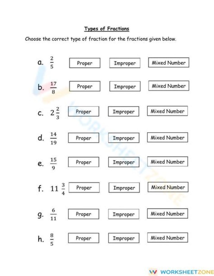Free PDF Worksheets to Identify Types of Fractions
