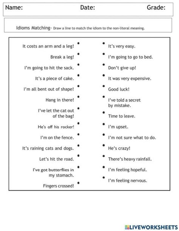 Idioms Matching Worksheet PDF for ESL Students
