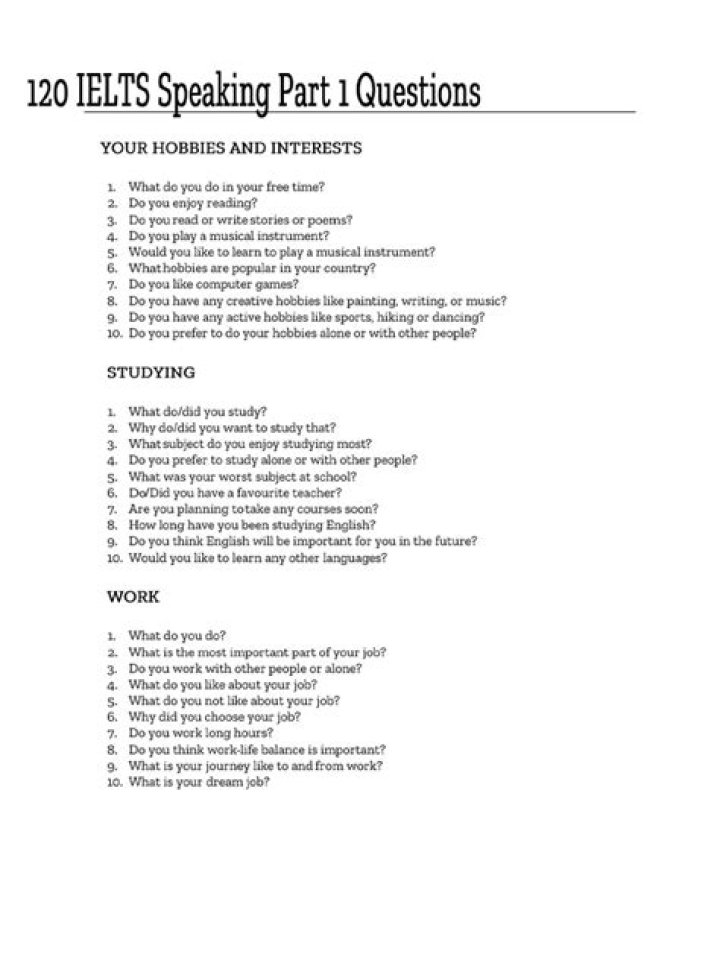 Free IELTS Speaking Part 1 Questions PDF to Practice Speaking