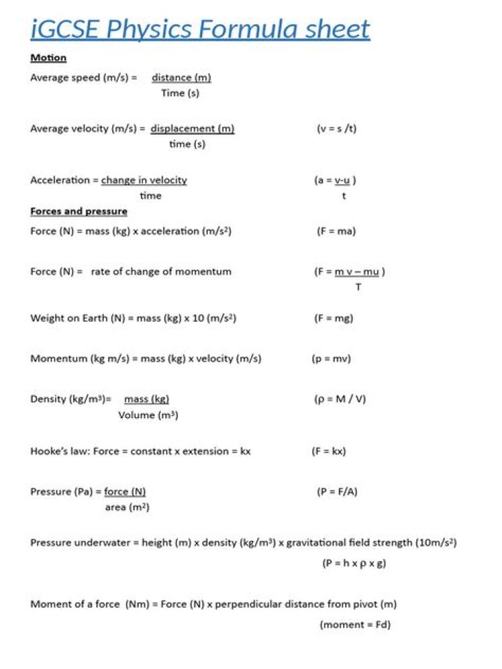 IGCSE Physics Formula Sheet PDF – Essential Study Resource