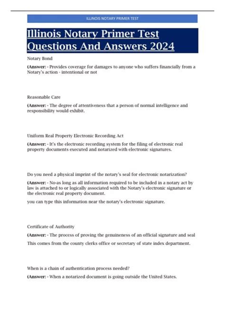 Illinois Notary Exam Questions and Answers 2024 PDF Free Online