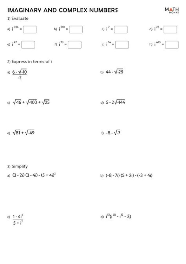 Free Imaginary Numbers Worksheet with Answers PDF – Instant Download