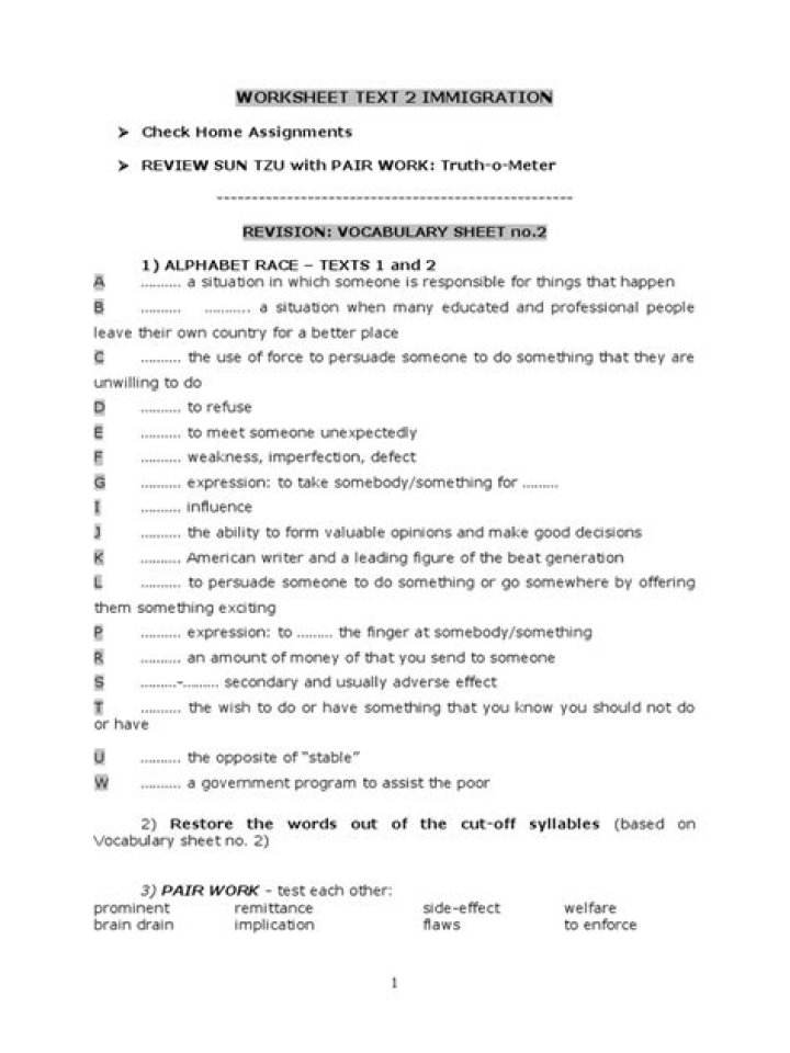 Immigration Vocabulary Worksheet PDF for ESL Students