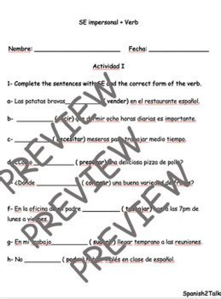 Impersonal Spanish Worksheet PDF for Beginners
