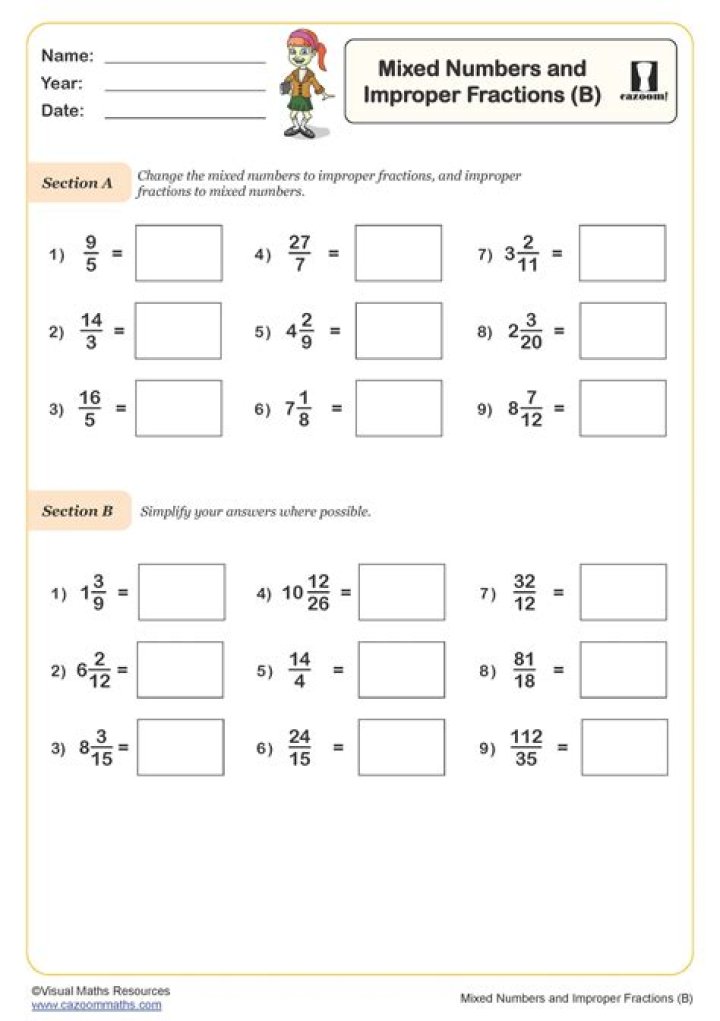 Improper Fractions & Mixed Numbers Worksheet PDF for Instant Practice