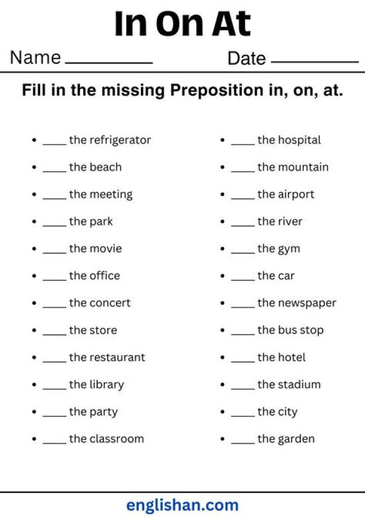 How to Use In, On, and At in Your Worksheet PDF