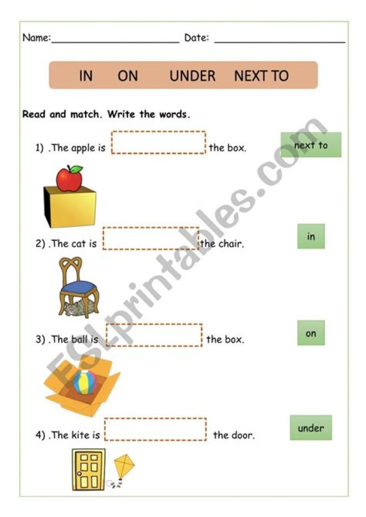 How to Work In On, Under, and Next to Worksheets in PDF Format