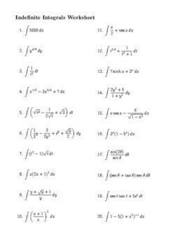 Free Indefinite Integral Worksheets PDF Download