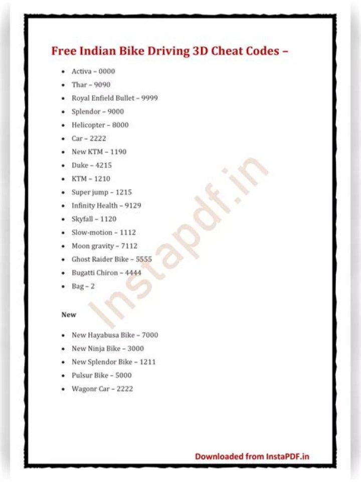 Indian Bike Game Cheat Codes List PDF – Free Download