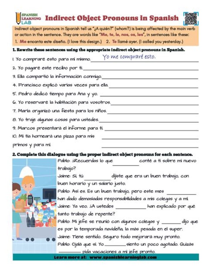 Indirect Object Pronouns Spanish Worksheet PDF for Students
