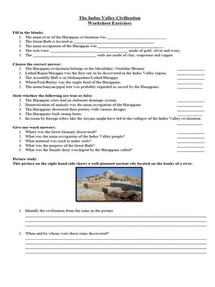 Indus Valley Civilization Worksheet PDF: Free Educational Resource