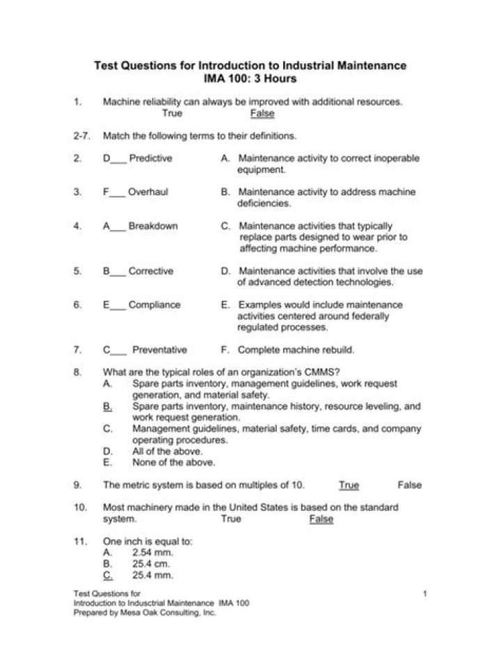 Industrial Maintenance Test Questions & Answers PDF Quizlet for Engineers