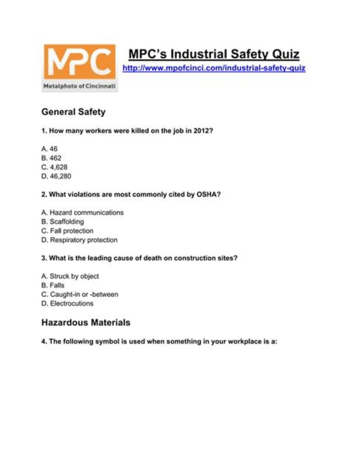 Industrial Safety Quiz Questions and Answers PDF for Workplace Training