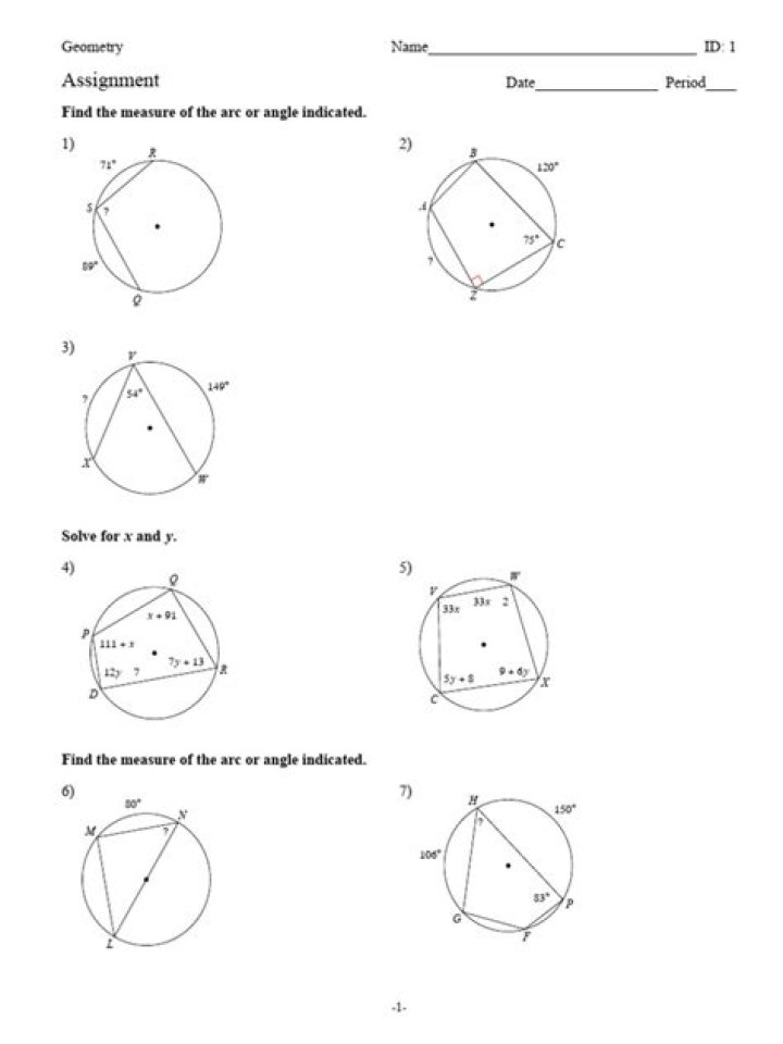 Free Inscribed Angles Worksheet PDF for Math Students