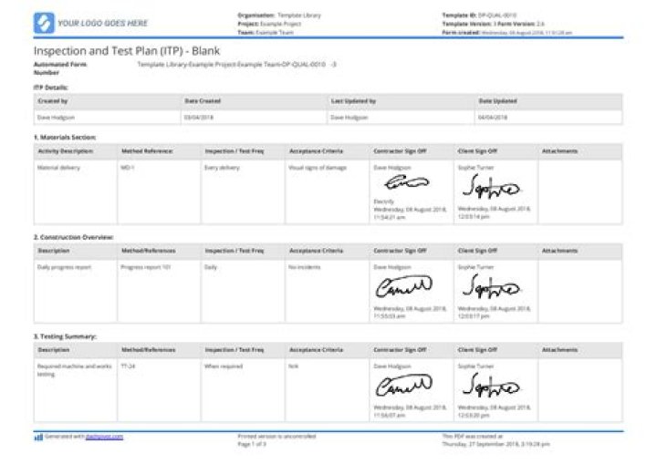 Inspection and Test Plan Sample PDF – Free Download