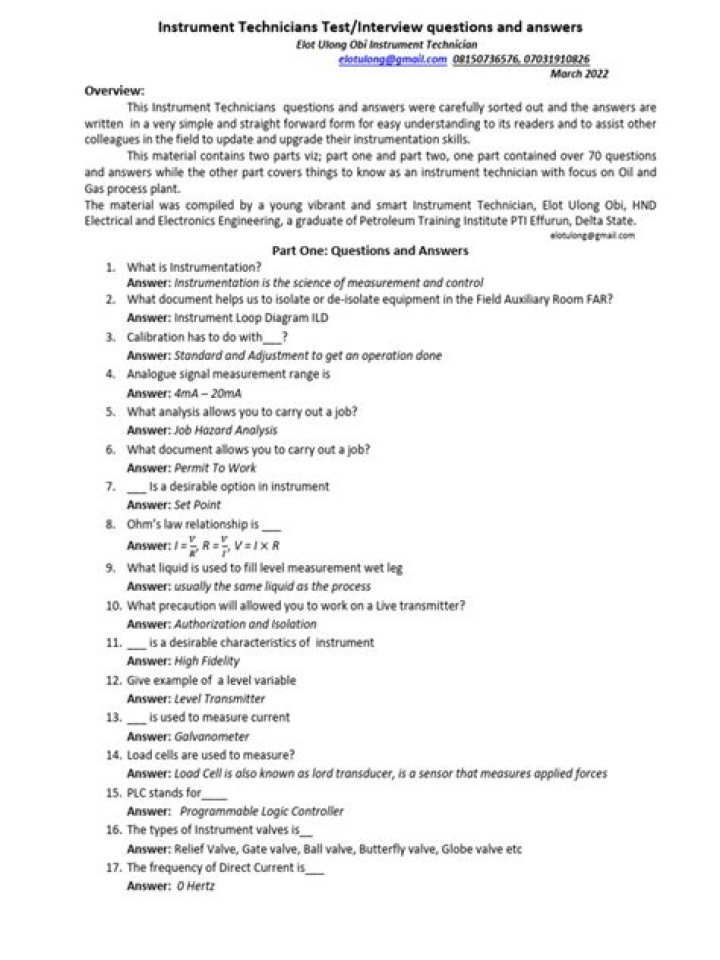 Instrument Technician Q&A: Essential PDF Questions and Answers