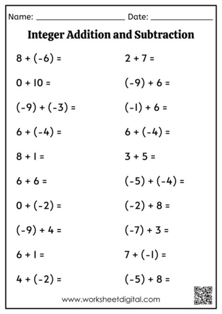 Free Integers Addition and Subtraction Worksheets PDF for Instant Practice