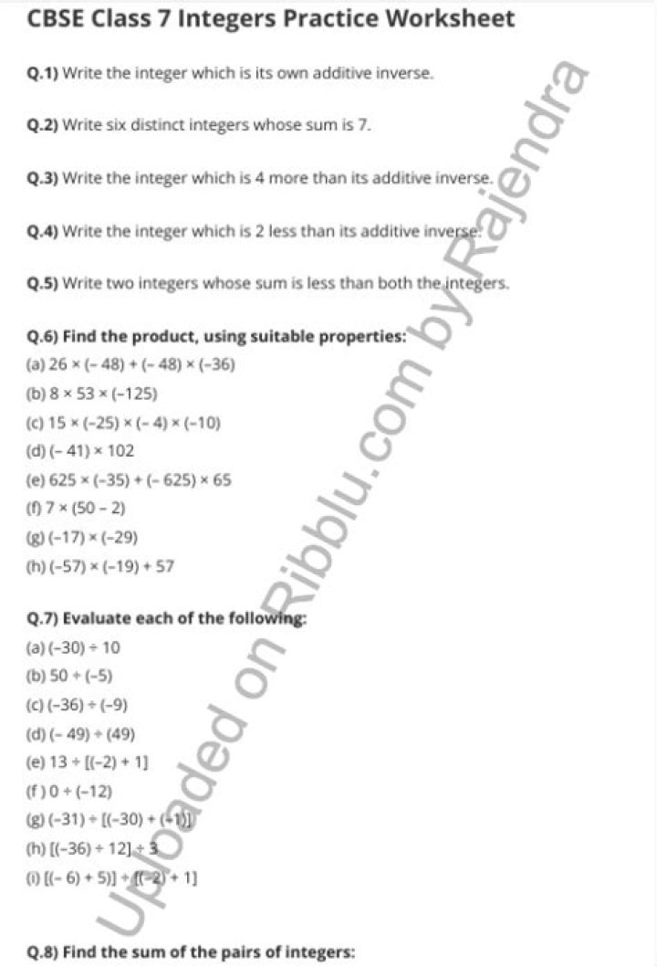 Free Integers Class 7 Worksheet PDF – Download Now