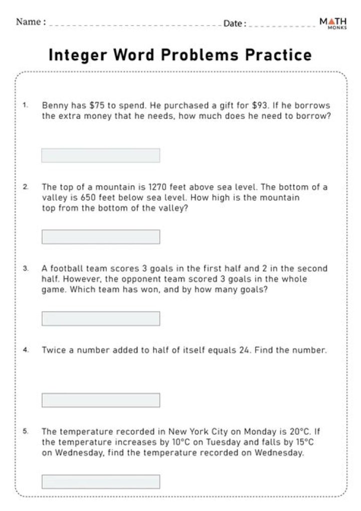 7th Grade Integer Word Problems with Answers PDF