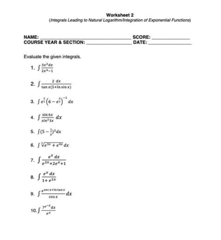 Free PDF Worksheet: Mastering Integration of Exponential Functions